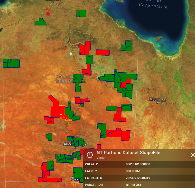 GMS 2D satellite map of the Northern Territory showing land parcel vector data with an attribute inspection panel
