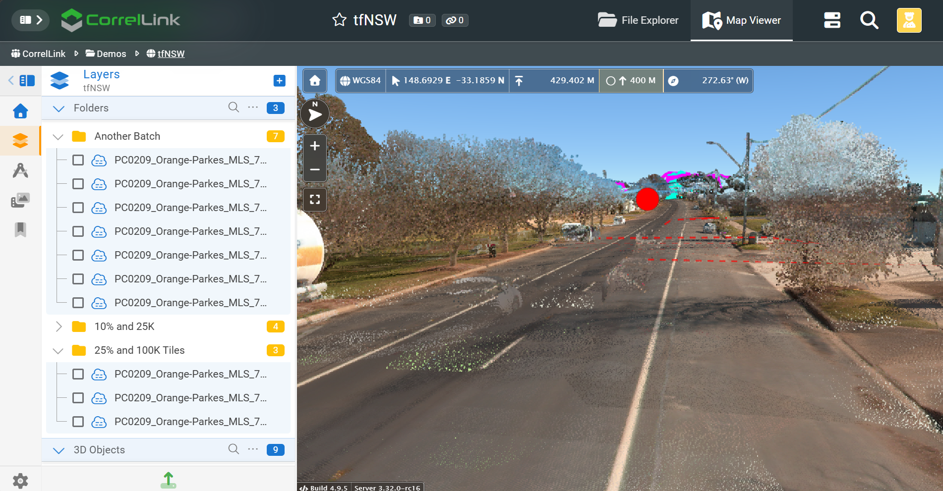 GMS layers panel showing an organised folder structure with point cloud datasets and active annotation markers visible in the 3D view