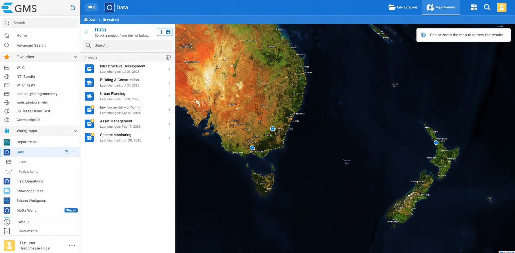 GMS project manager interface showing a searchable project list beside a satellite map of Australia and New Zealand with geo-pinned projects