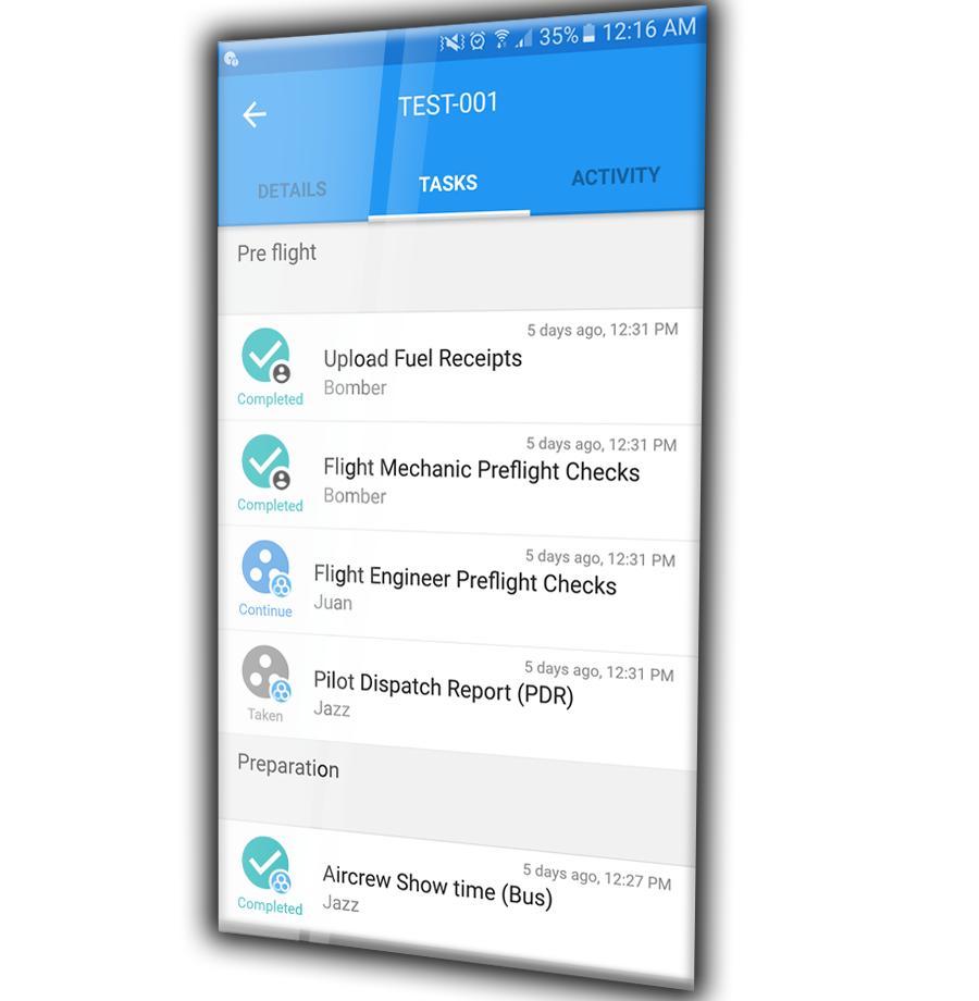 TrackOnUs mobile app showing a pre-flight task checklist with completed and pending items