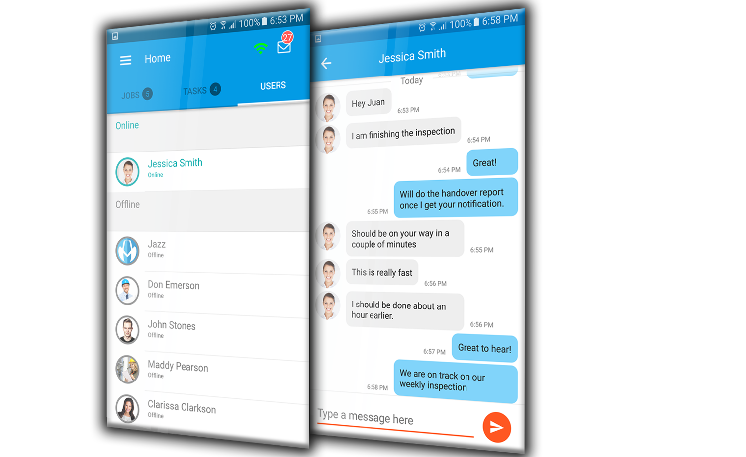 TrackOnUs mobile app showing a team members list and a real-time chat conversation between field and office staff